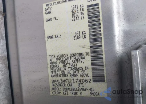 2012 Nissan Altima 2.5 S z USA, uszkodzony, nr VIN 1N4AL2AP7CC174062